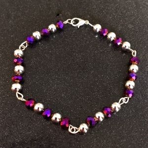 Purple iridescent rainbow and silver beaded wire bracelet new handmade